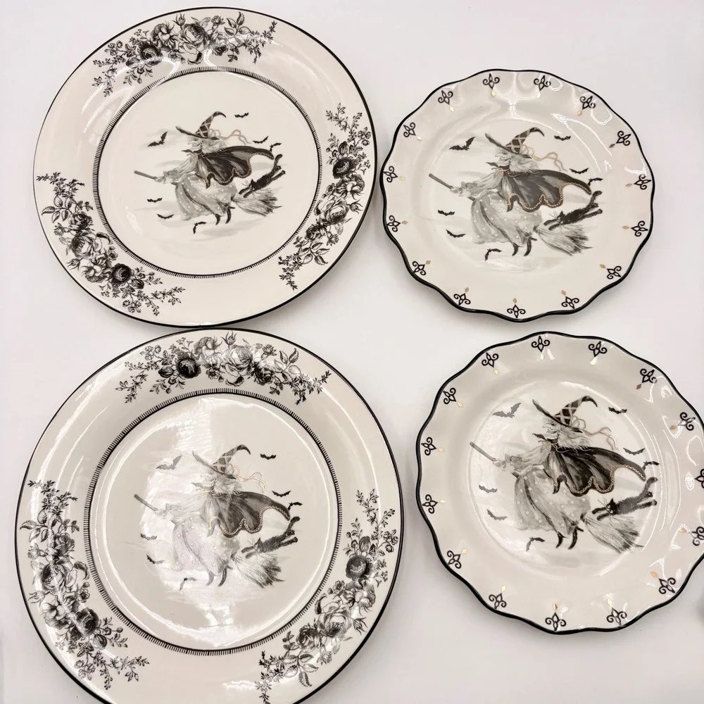 Potters Studio Halloween Witch Ceramic Plate Set 4pc Dinner Salad Plates